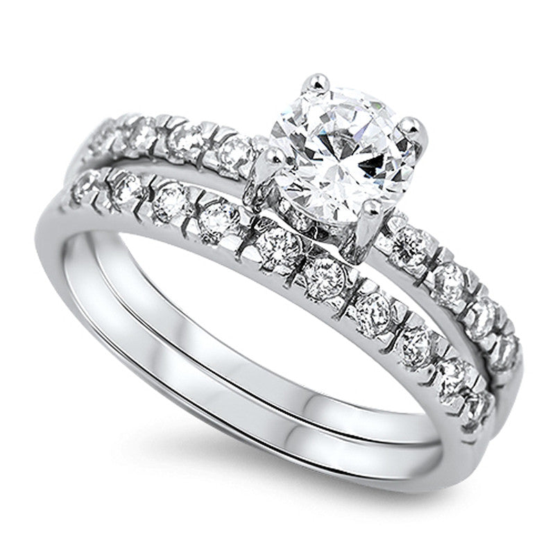 Pave Petite Cubic Zirconia Engagement Wedding Ring Set in Sterling Silver