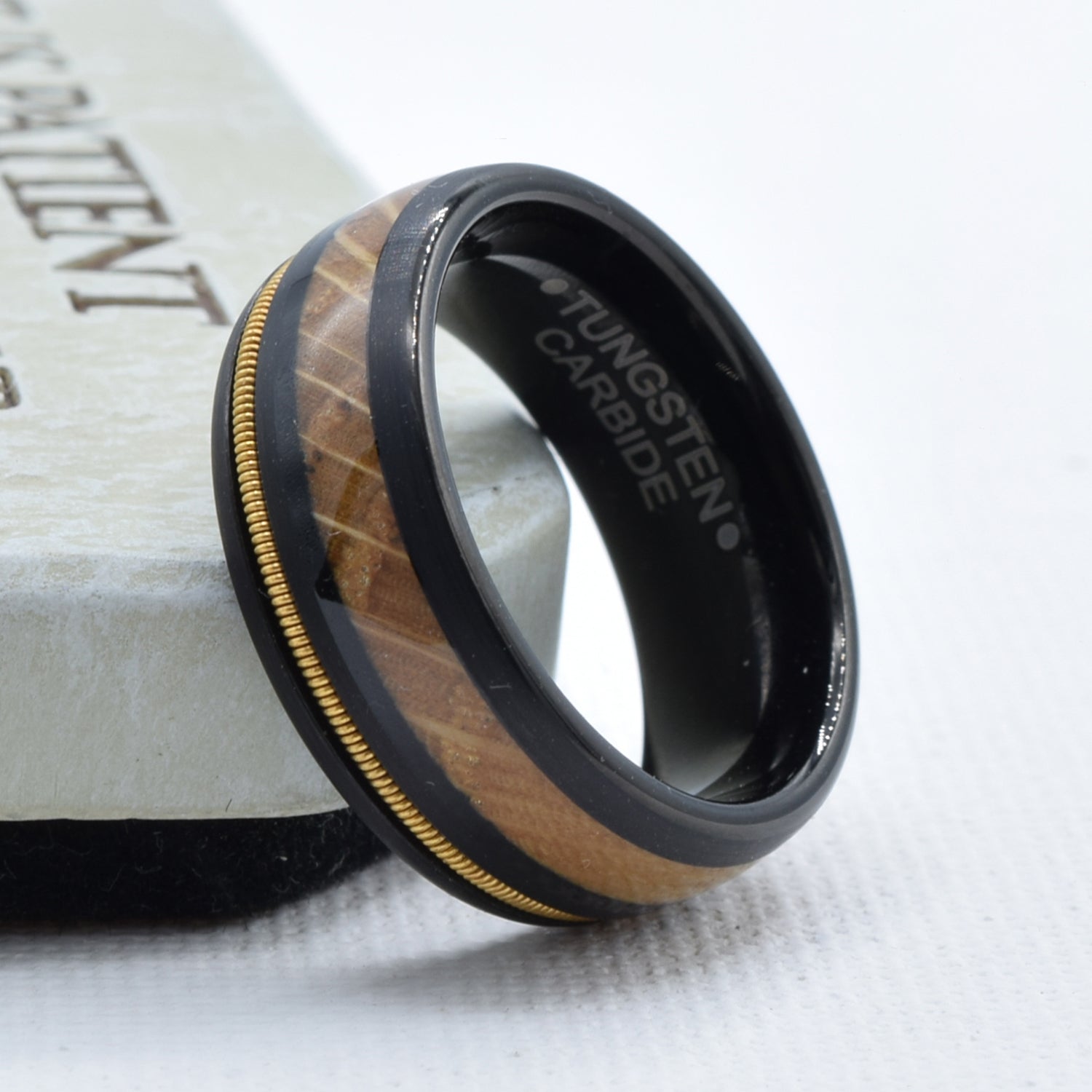 Asymmetric Guitar String Whiskey Barrel Wedding Band in Tungsten