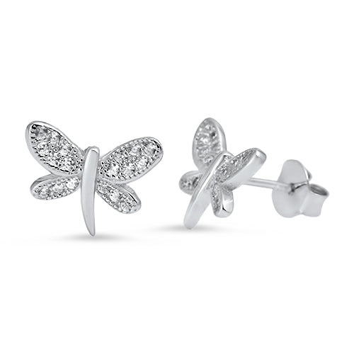 Small Dragonfly Stud Earrings Cubic Zirconia in Sterling Silver