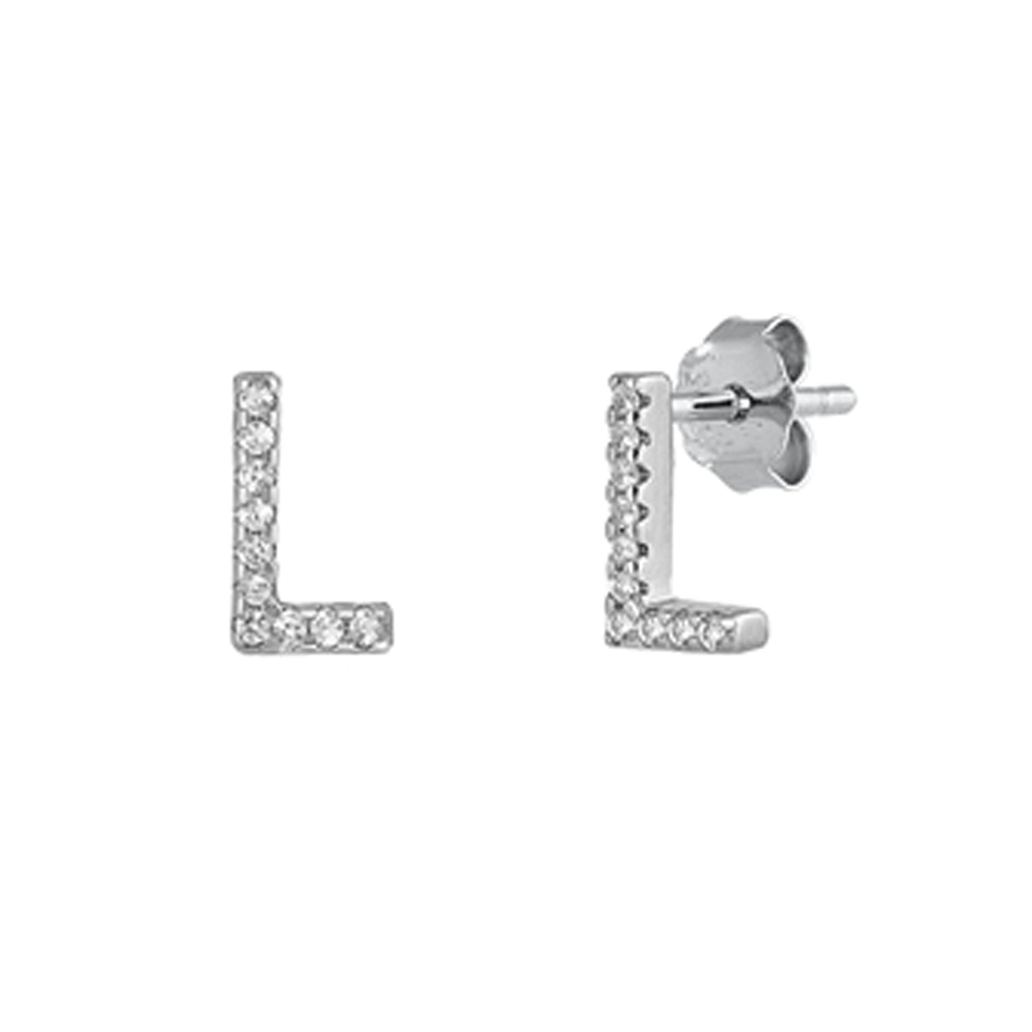 Initial Letter CZ Stud Earrings in Sterling Silver