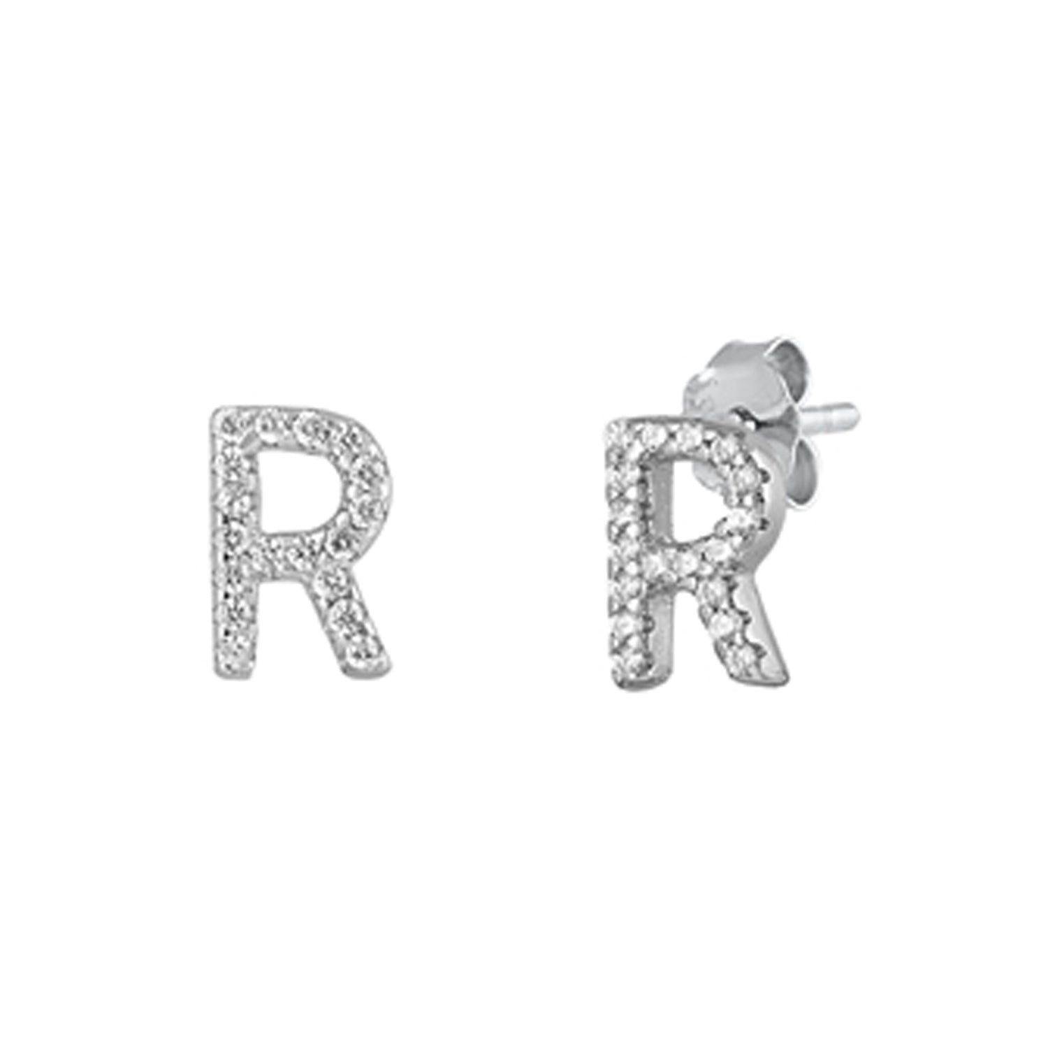 Initial Letter CZ Stud Earrings in Sterling Silver