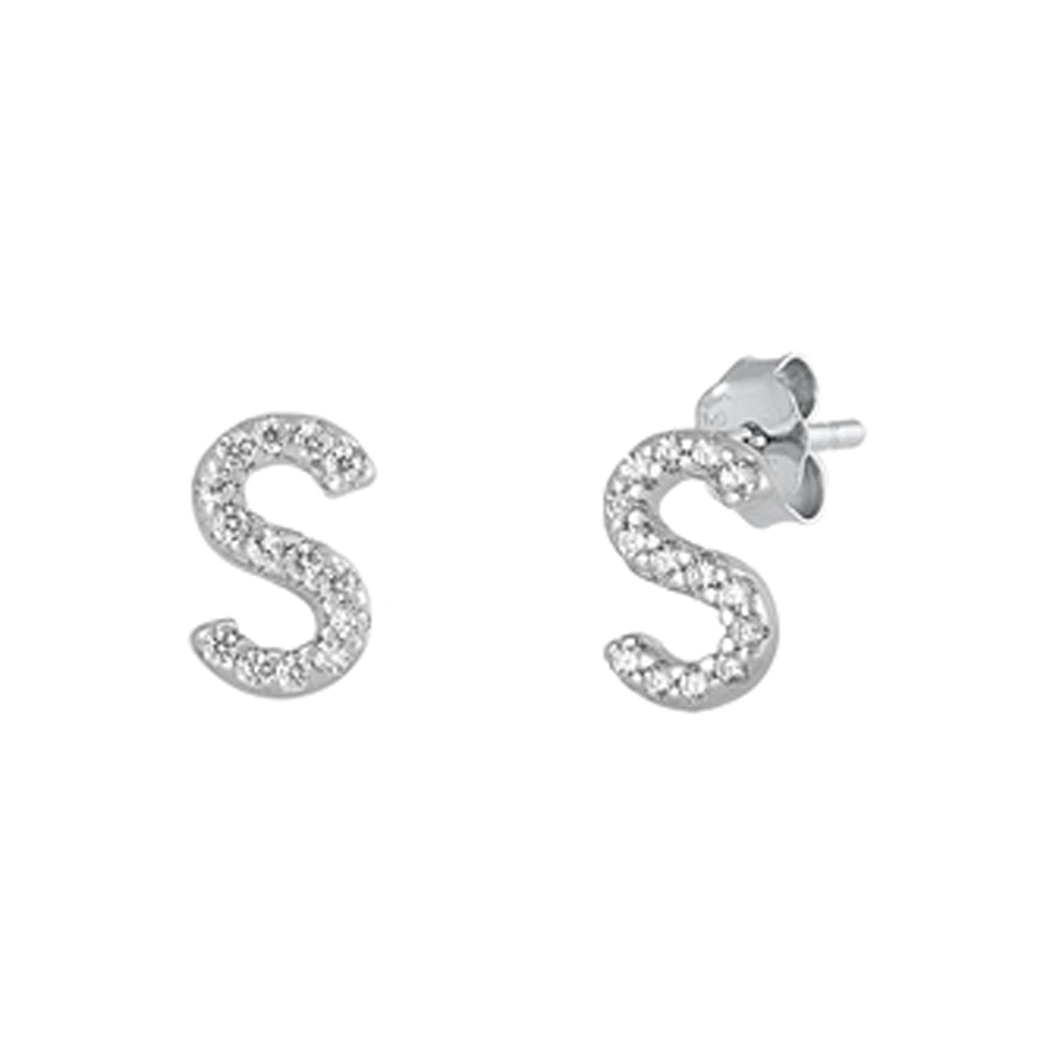 Initial Letter CZ Stud Earrings in Sterling Silver