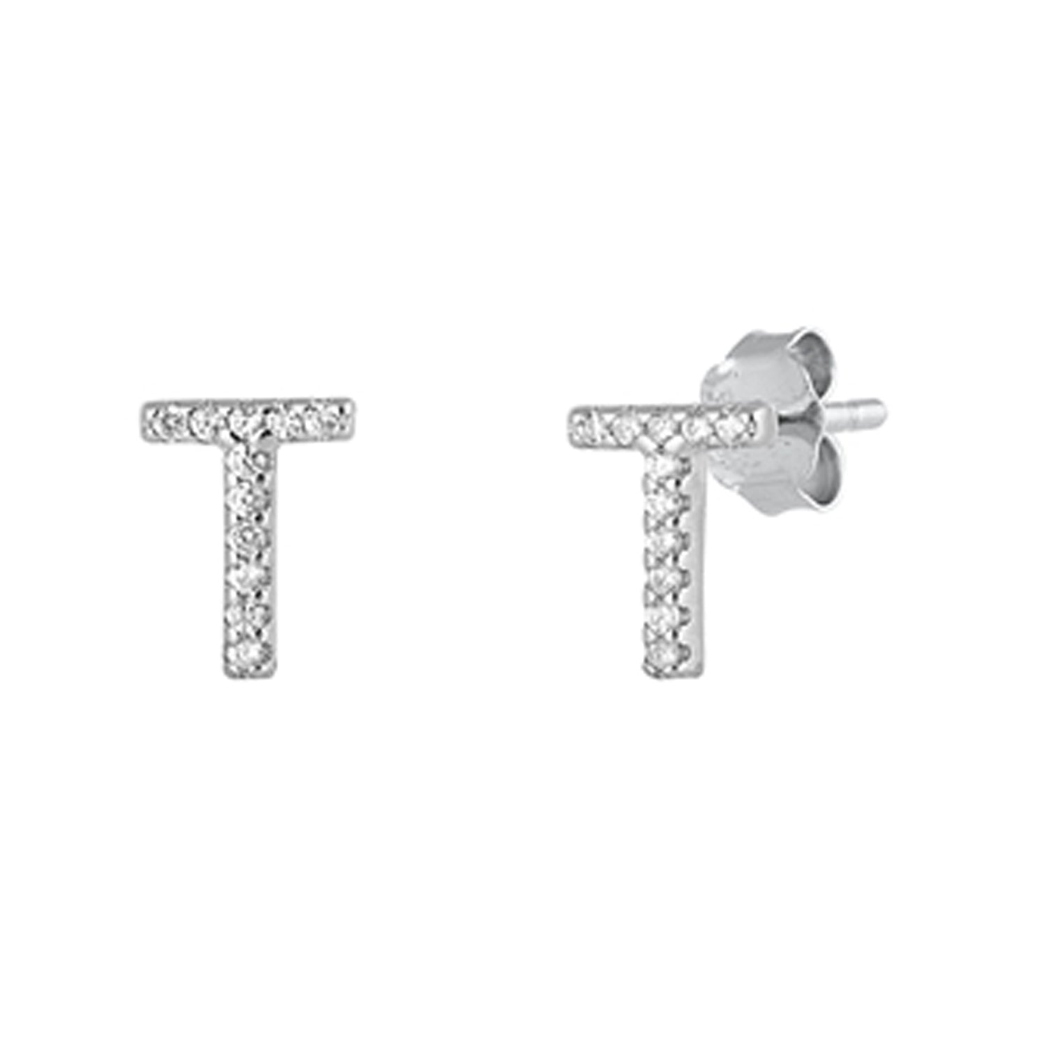 Initial Letter CZ Stud Earrings in Sterling Silver