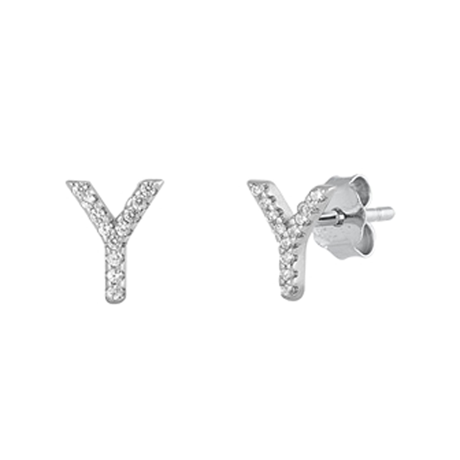 Initial Letter CZ Stud Earrings in Sterling Silver