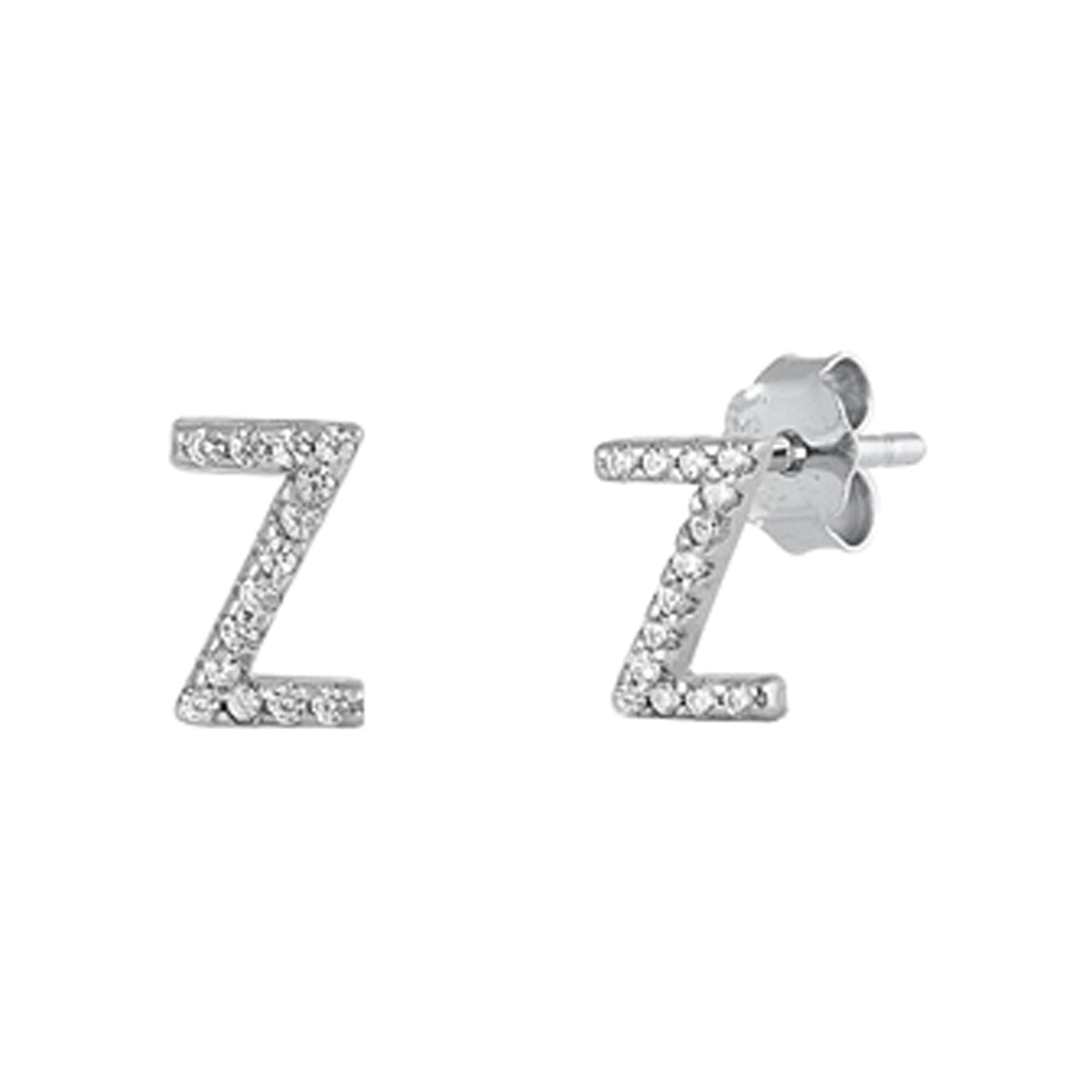 Initial Letter CZ Stud Earrings in Sterling Silver