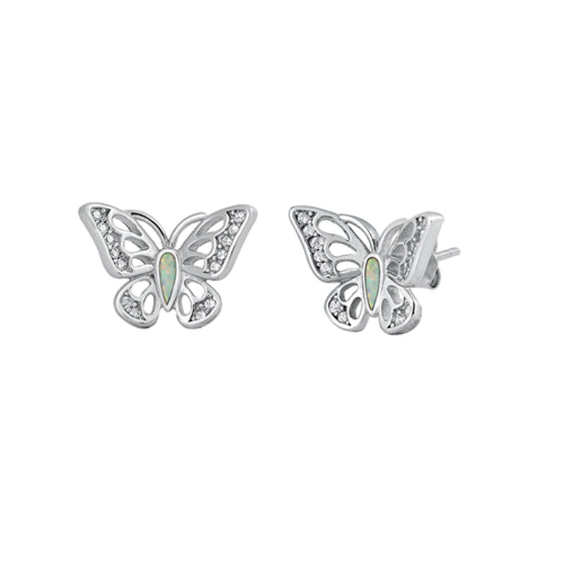 Intricate Butterfly White Lab Opal Earrings Stud in Sterling Silver