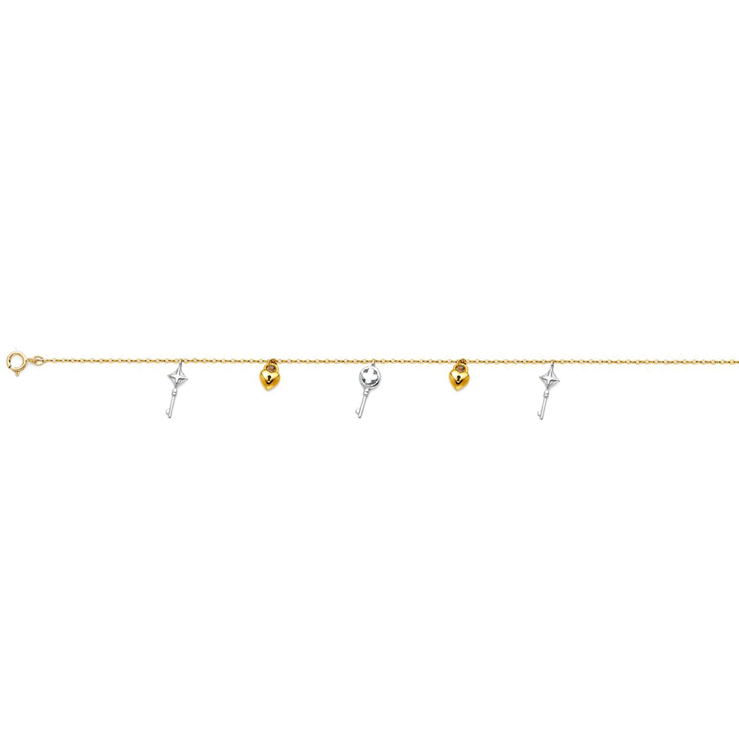 Cross Key & Heart Charms Anklet in 14k Yellow Gold